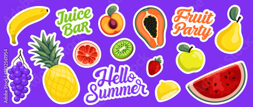 Fruit stickers collection. Cartoon icons and lettering for summer design
