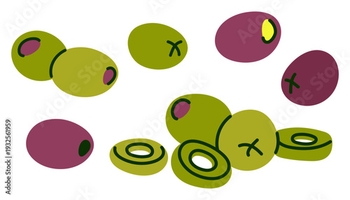 Set of Green and Black Olives Whole and Sliced flat vector illustration