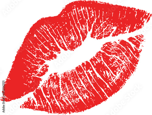 Red lipstick kiss mark isolated on white background for bold romantic branding. High resolution lips imprint with vibrant texture and seductive detail. Ideal for Valentine design needs.