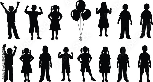 Black and white vector silhouettes of happy children in various playful poses featuring boys and girls with balloons for childhood and education designs