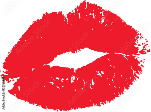Red lipstick kiss mark isolated on white background for bold romantic branding. High resolution lips imprint with vibrant texture and seductive detail. Ideal for Valentine design needs.