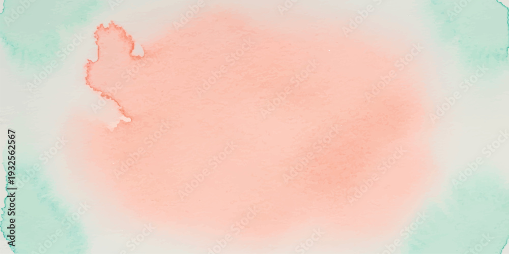 Fototapeta premium Abstract watercolor splatter with coral pink center and soft aqua edges, textured background