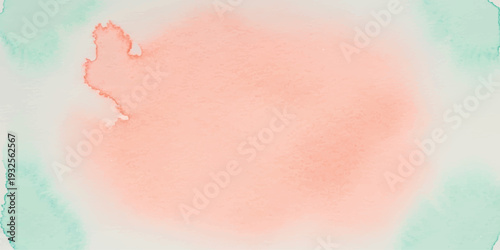 Abstract watercolor splatter with coral pink center and soft aqua edges, textured background