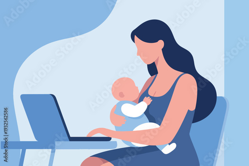Cartoon Vector of a Busy Mother Carrying a Baby While Working in Front of a Laptop Illustration Creative Design Template 
