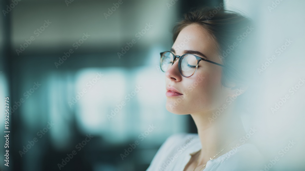 Fototapeta premium Woman wearing glasses is sitting in a room