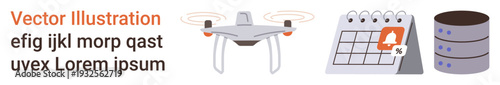 quadcopter delivery, technology evolution, event notifications, data storage, automation, innovation concepts. Quadcopter, calendar with alert icon and database stack . Drone delivery and technology