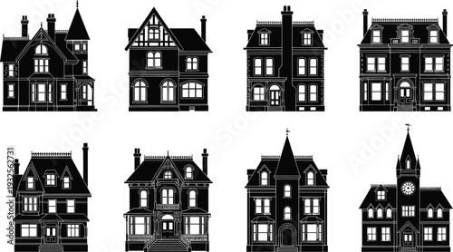 Black and white vector silhouettes of Victorian and gothic style houses featuring intricate architectural details for real estate historical building and spooky design