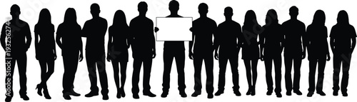 Group of people silhouette holding blank sign board, diverse crowd standing together isolated on white background illustration