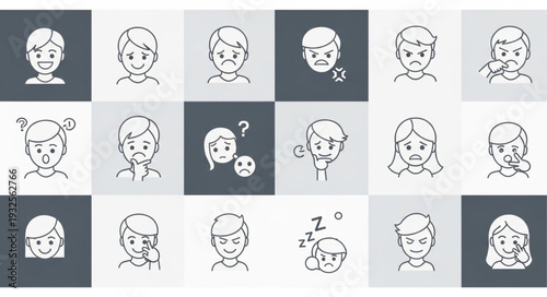 Collection of diverse human emotions and expressions in line art style.