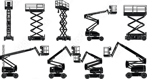 Black and white vector silhouettes set of industrial aerial work platforms including scissor lifts and telescopic boom lifts for construction and maintenance design