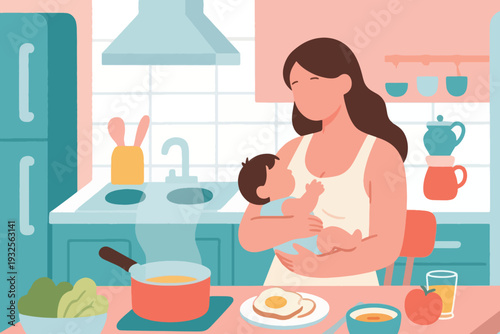 Cartoon Vector of a Busy Mother Carrying a Baby While Cooking Food in the Kitchen Illustration Creative Design Template 