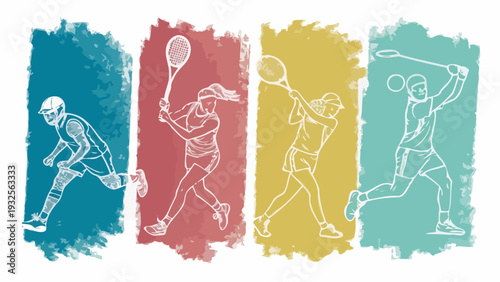 Dynamic athletes in action with rackets and balls in vibrant colors