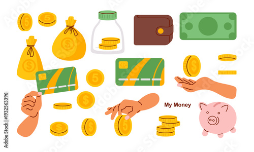Collection of diverse financial symbols. Represents personal finance, savings, wealth, payment methods. Flat vector illustration for banking services, budgeting apps, financial education materials