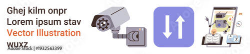 Security systems, technology transfer, online education, digital learning, cybersecurity, data monitoring. A security camera, data arrows icon and an online learning interface. Security systems