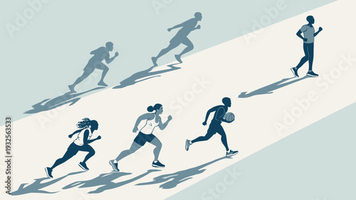 Diverse athletes sprinting forward in dynamic motion