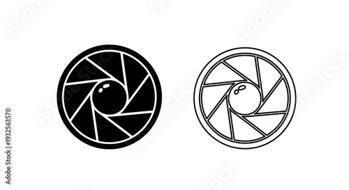 Set of 2 Camera Lens Aperture Icons Vector in Solid Black and Outline Styles for Photography and Shutter Speed Concepts