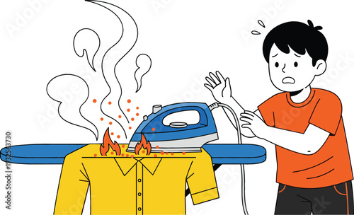 Child Burn Accident from Hot Iron Vector Illustration, Kid Touching Clothes Iron Causing Fire and Steam, Home Safety Awareness Concept