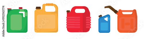 Set of beautiful fuel cans with spouts in cartoon style. Vector illustration: green, yellow, red, blue, orange gasoline containers of various shapes with lids, handles, isolated on white background.