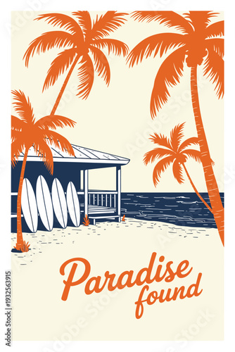 SUP Station by the Sea with Wooden Hut, Stand Up Paddle Boards, Palm Trees and Ocean View, Paradise Found Caption for Summer Sports and Beach Themed Design Projects