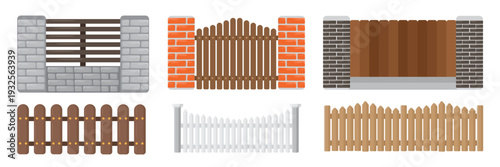 Set of street, garden fences in cartoon style. Vector illustration of fences of different types, materials: wooden, brick, concrete, metal, isolated on white background. Territory protection.