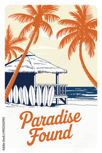 SUP Station by the Sea with Wooden Hut, Stand Up Paddle Boards, Palm Trees and Ocean View, Paradise Found Caption for Summer Sports and Beach Themed Design Projects