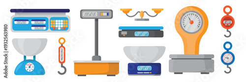 Set of electronic, mechanical scales in cartoon style. Vector illustration of commercial, kitchen scales with dial, arrow, spring scales with hooks isolated on white background. Weighing products.