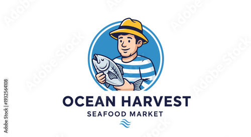 Ocean Harvest Seafood Market logo featuring a friendly fisherman holding a fresh fish.