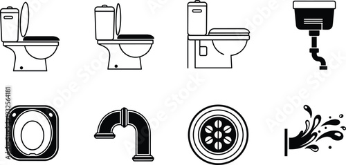Collection of black vector toilet icons plumbing fixtures bathroom equipment water pipes and drainage symbols set isolated on white background for sanitary engineering design projects.
