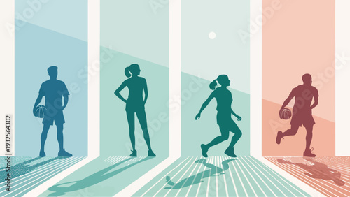 Athletes in motion with basketballs in modern setting