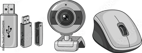 Computer Accessories Vector Illustration Set Featuring USB Flash Drive Wireless Mouse and Webcam Isolated on White Background