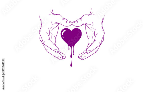 Tactile Hands Holding Dripping Heart Silhouette, Sensory Connection Vector Sticker, Emotional Wellness and Care Illustration