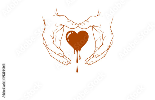 Tactile Hands Holding Dripping Heart Silhouette, Sensory Connection Vector Sticker, Emotional Wellness and Care Illustration
