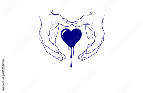 Tactile Hands Holding Dripping Heart Silhouette, Sensory Connection Vector Sticker, Emotional Wellness and Care Illustration