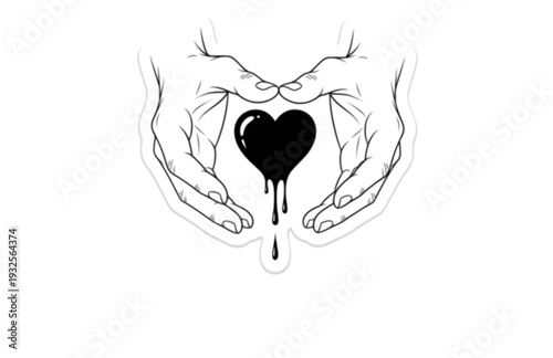 Tactile Hands Holding Dripping Heart Silhouette, Sensory Connection Vector Sticker, Emotional Wellness and Care Illustration