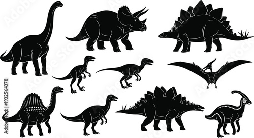 Dinosaur silhouette vector set, prehistoric animal icons including triceratops and stegosaurus, ancient reptile graphics isolated on white background, jurassic era.