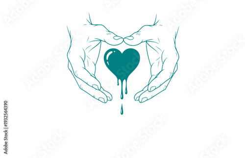 Tactile Hands Holding Dripping Heart Silhouette, Sensory Connection Vector Sticker, Emotional Wellness and Care Illustration