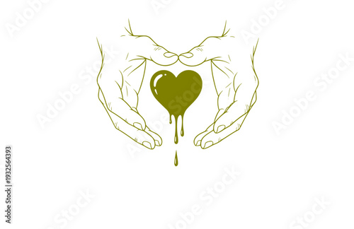 Tactile Hands Holding Dripping Heart Silhouette, Sensory Connection Vector Sticker, Emotional Wellness and Care Illustration