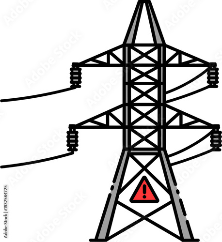 Illustration of an electricity pylon with power lines and a red triangular warning sign at its base.