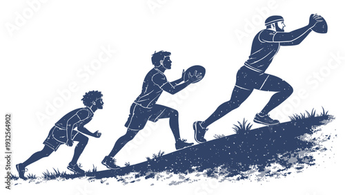 Three rugby players running up hill with ball in hand