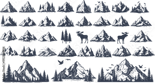 Mountain peaks vector set with pine trees and moose, hand drawn vintage outdoor adventure sketches, wilderness nature icons for logo design.
