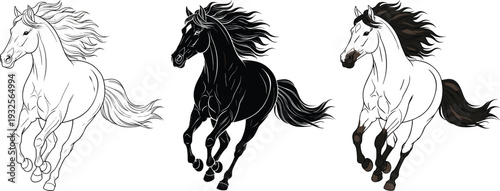 Set of Three Stylized Galloping Horse Vectors with Black and White Line Art Designs for Equestrian Sports and Artistic Logo Branding