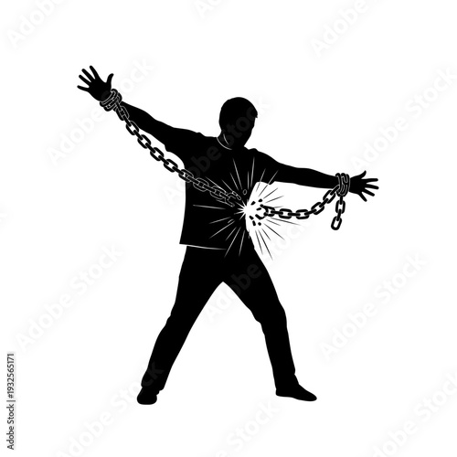 Silhouette of a man breaking free from chains on a white background