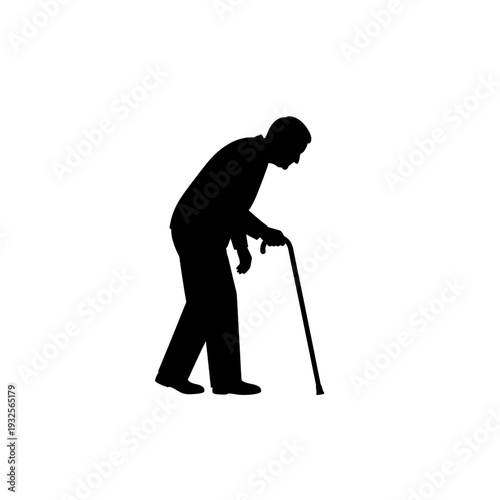 Silhouette of an elderly man using a cane on a white background