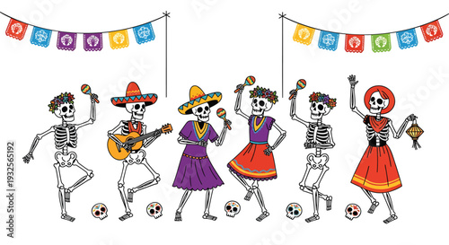Set of 6 Dia de los Muertos skeleton dancers vector