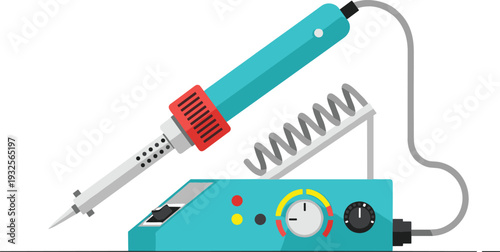 Electric Soldering Iron Station Vector Illustration, Electronic Repair Tool with Temperature Control for Circuit Board Welding and DIY Workshop Equipment