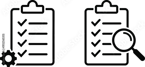 Checklist clipboard vector illustration with gear and magnifying glass, flat design