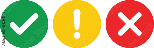 Checkmark, exclamation mark, and cross icons in green, yellow, and red vector illustration, flat design symbols