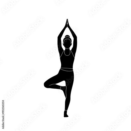 Silhouette of a woman in tree pose yoga on a white background