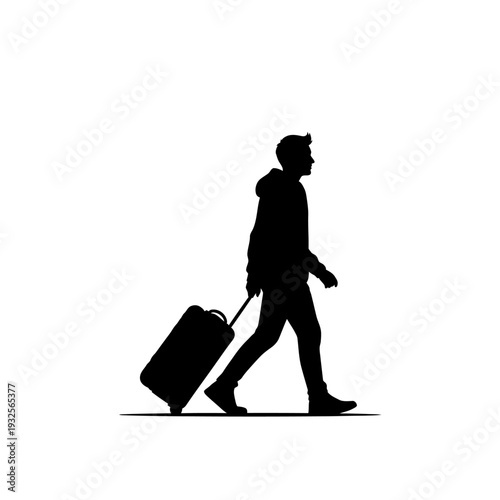 Silhouette of a man walking with a suitcase on a white background