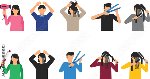 Hair Styling Process Vector Illustration Set with People Using Hairdryer Curling Iron and Straightener for Beauty Salon and Personal Care